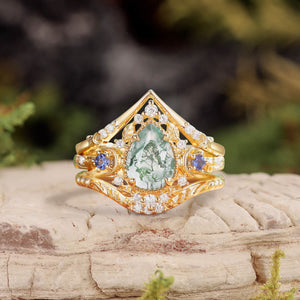 Unique Moonlight Moss Agate Pear Cut Vine Leaf Ring Bridal Sets 2pcs
