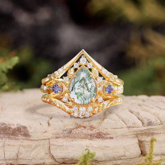 Unique Moonlight Moss Agate Pear Cut Vine Leaf Ring Bridal Sets 2pcs