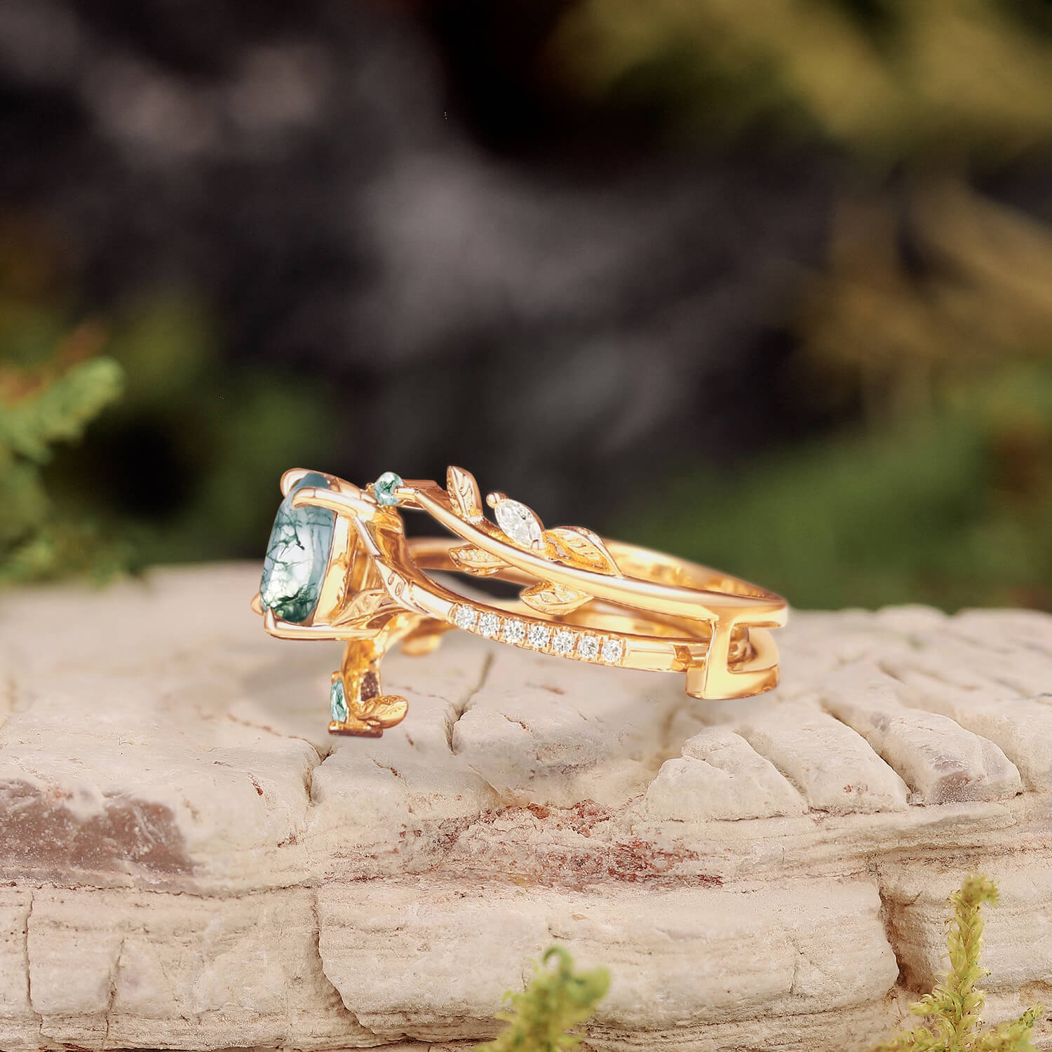 Moss Agate Leafy Split Band Engagement Ring Set 2pcs