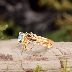 Moss Agate Leafy Split Band Engagement Ring Set 2pcs