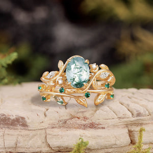 Oval Cut Moss Agate Branch Leafy Engagement Ring Set 2pcs