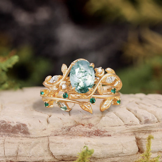 Oval Cut Moss Agate Branch Leafy Engagement Ring Set 2pcs
