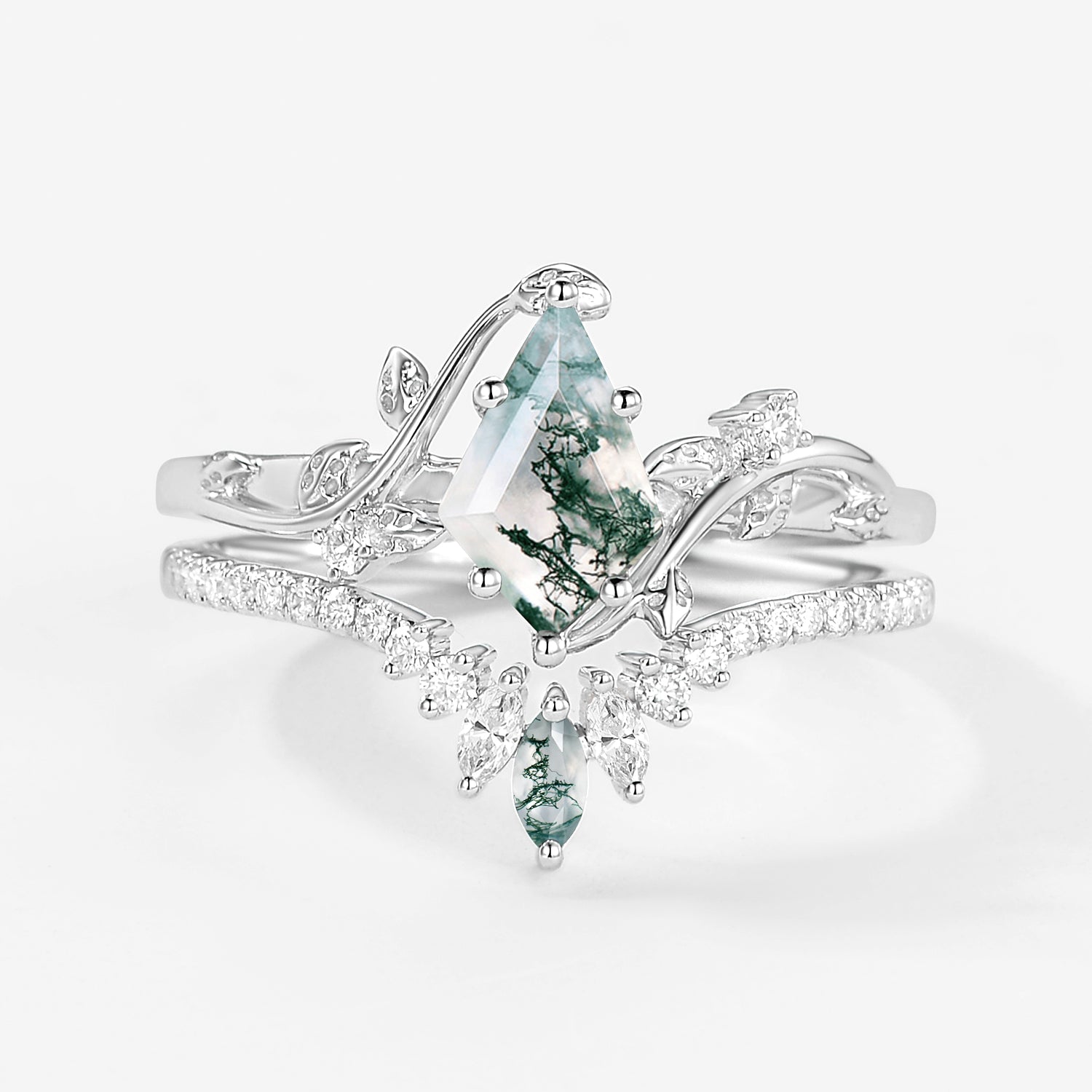 Unique Kite Cut Moss Agate Vine Bridal Ring Sets 2pcs