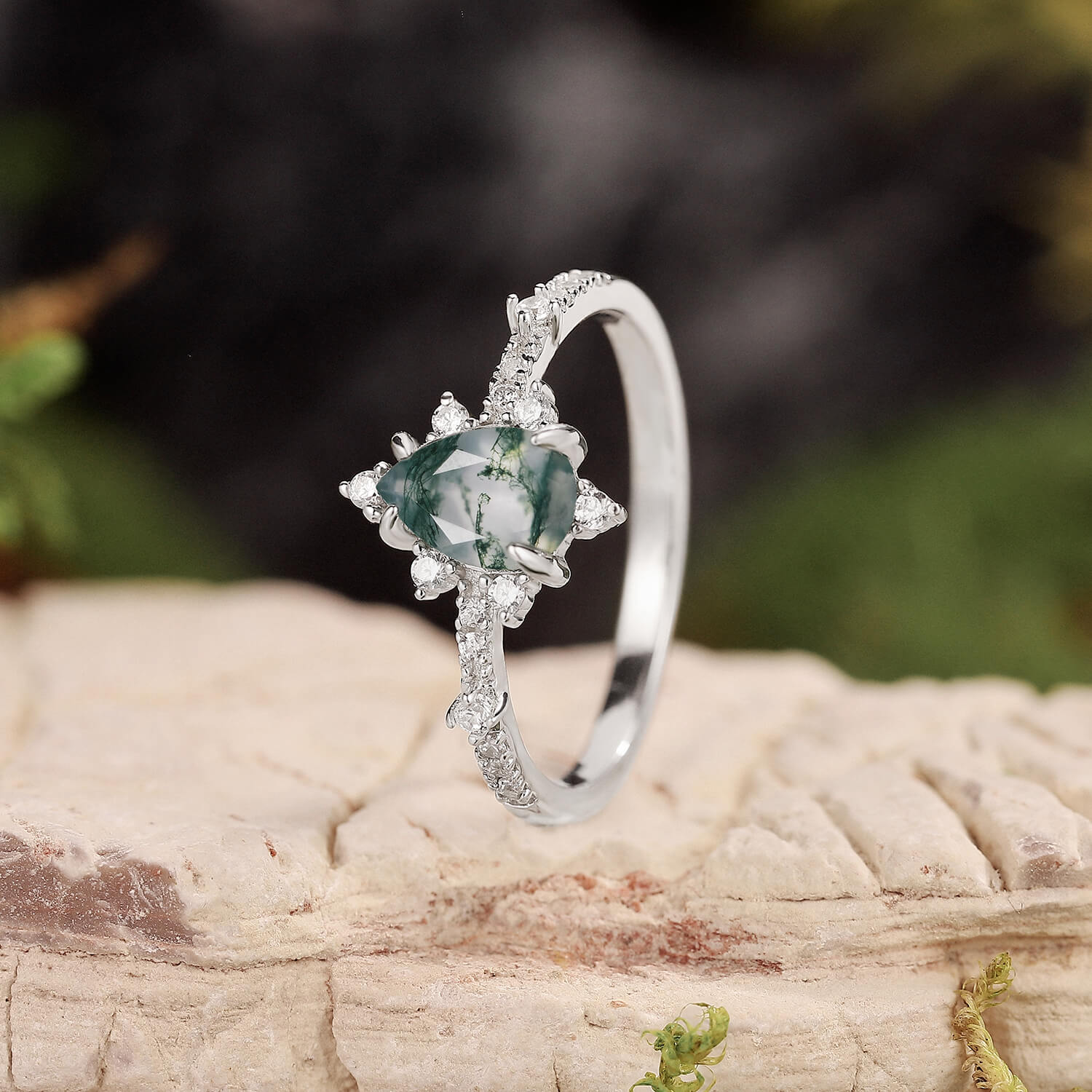 Unique Pear Cut Moss Agate Cluster Engagement Ring