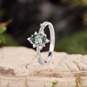 Unique Pear Cut Moss Agate Cluster Engagement Ring