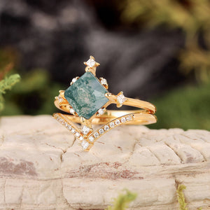 Nature Inspired Square Cut Moss Agate Promise Ring Set