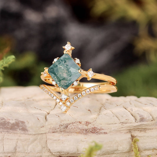 Nature Inspired Square Cut Moss Agate Promise Ring Set