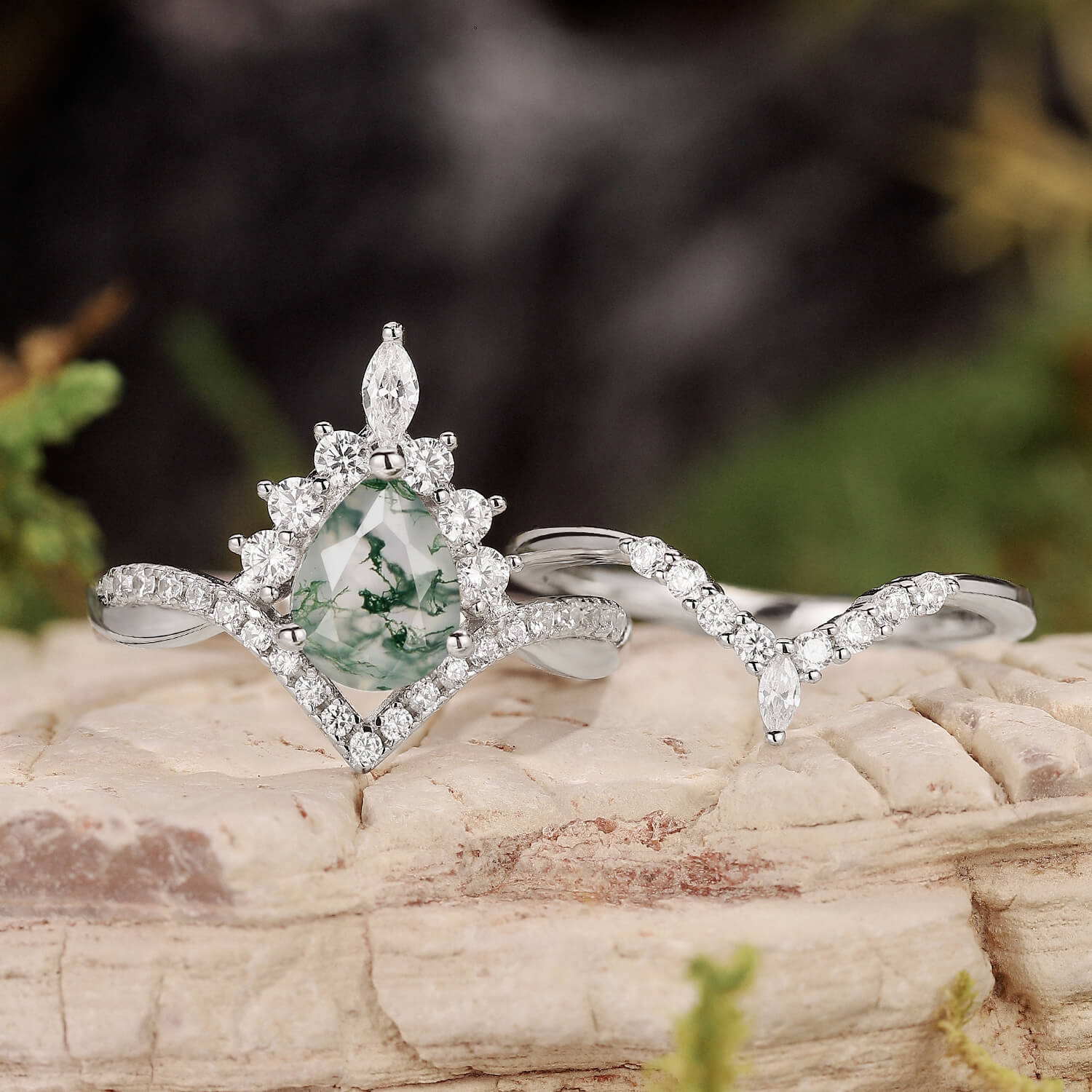 Pear Stack Moss Agate Leaf Engagement Ring Set