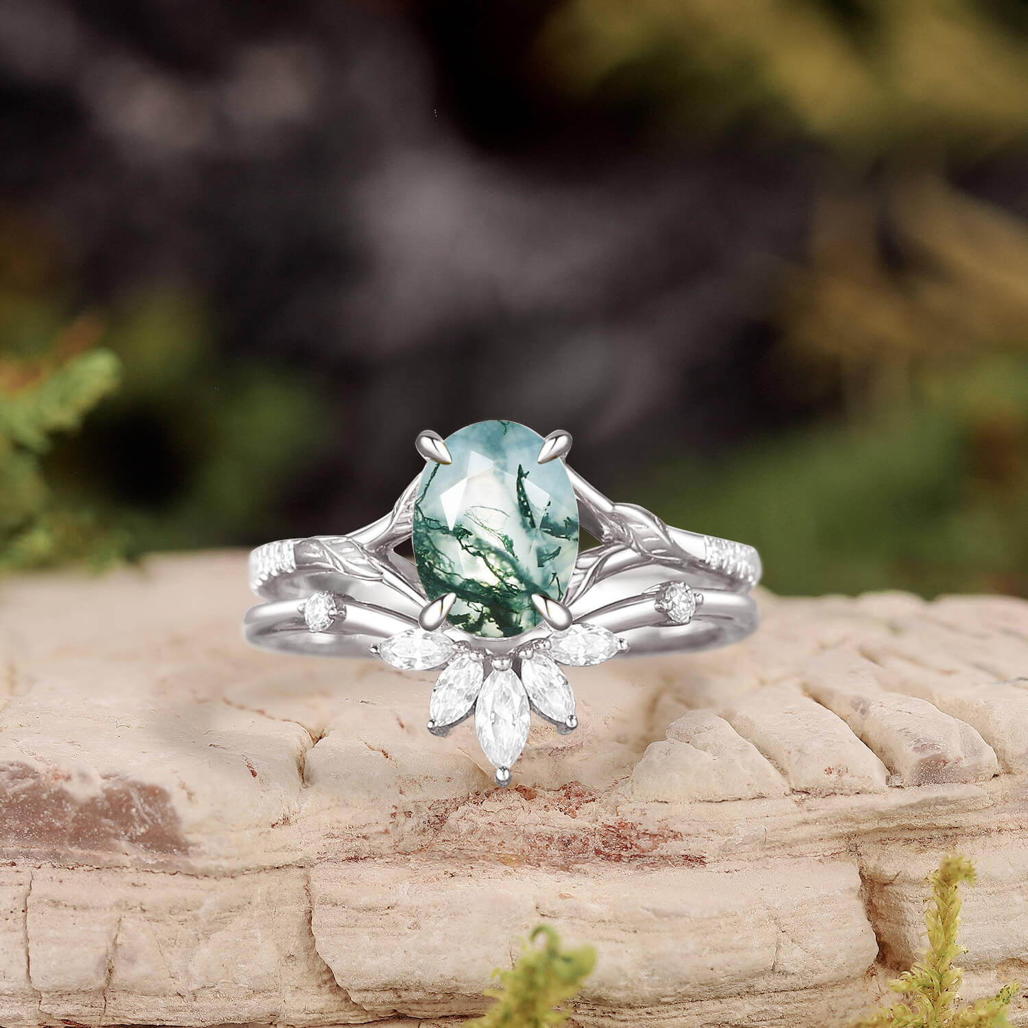 Oval Cut Moss Agate Leafy Cluster Bridal Set