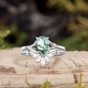 Oval Cut Moss Agate Leafy Cluster Bridal Set