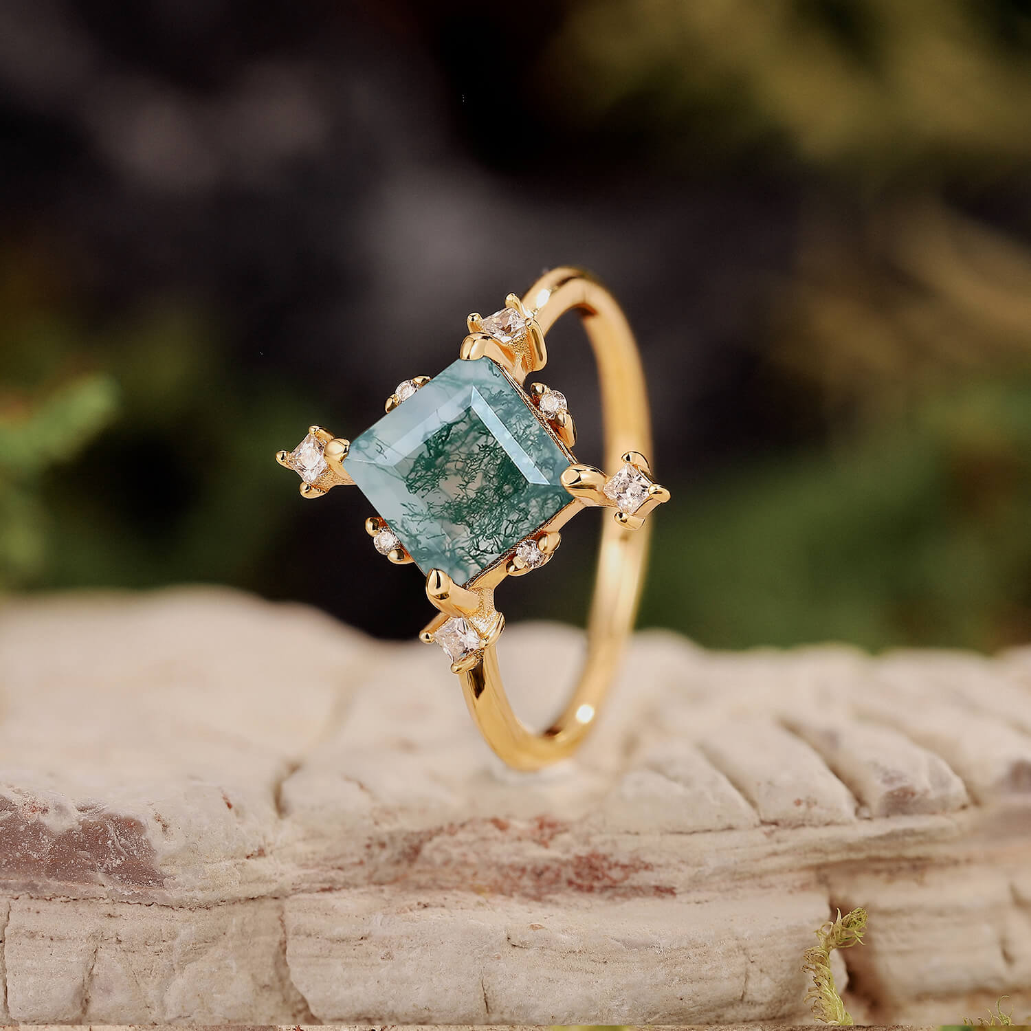 Nature Inspired Square Cut Moss Agate Promise Ring Set