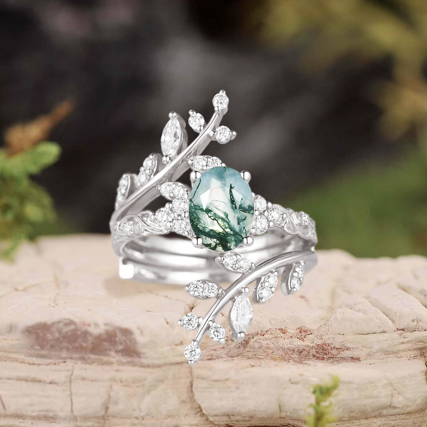 Oval Cut Moss Agate Cluster Leafy Engagement Ring Set