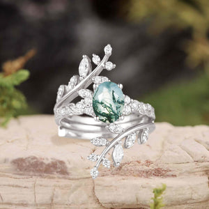 Oval Cut Moss Agate Cluster Leafy Engagement Ring Set