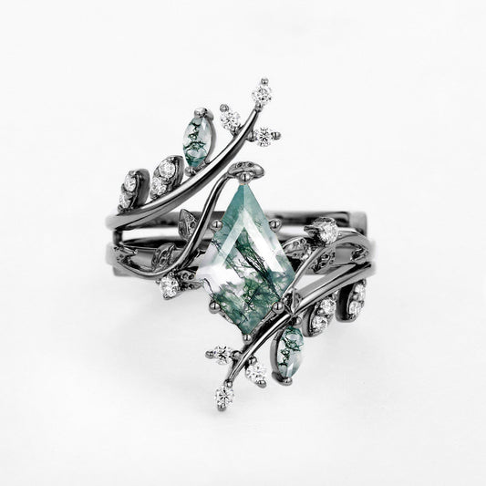 Nature Inspired - Black Gold Kite Cut Moss Agate Cage Ring 2pcs - Knight