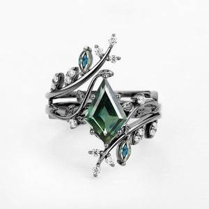 Nature Inspired - Black Gold Kite Cut Moss Agate Cage Ring 2pcs - Knight