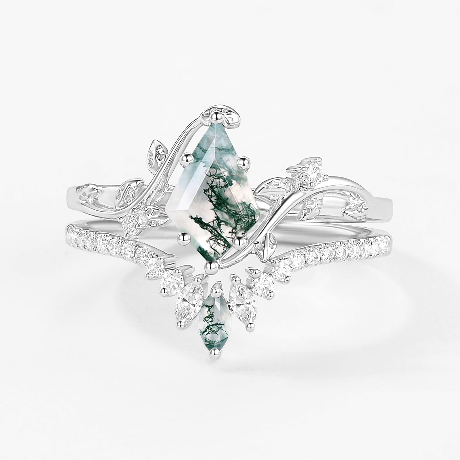 Unique Kite Cut Moss Agate Vine Bridal Ring Sets 2pcs