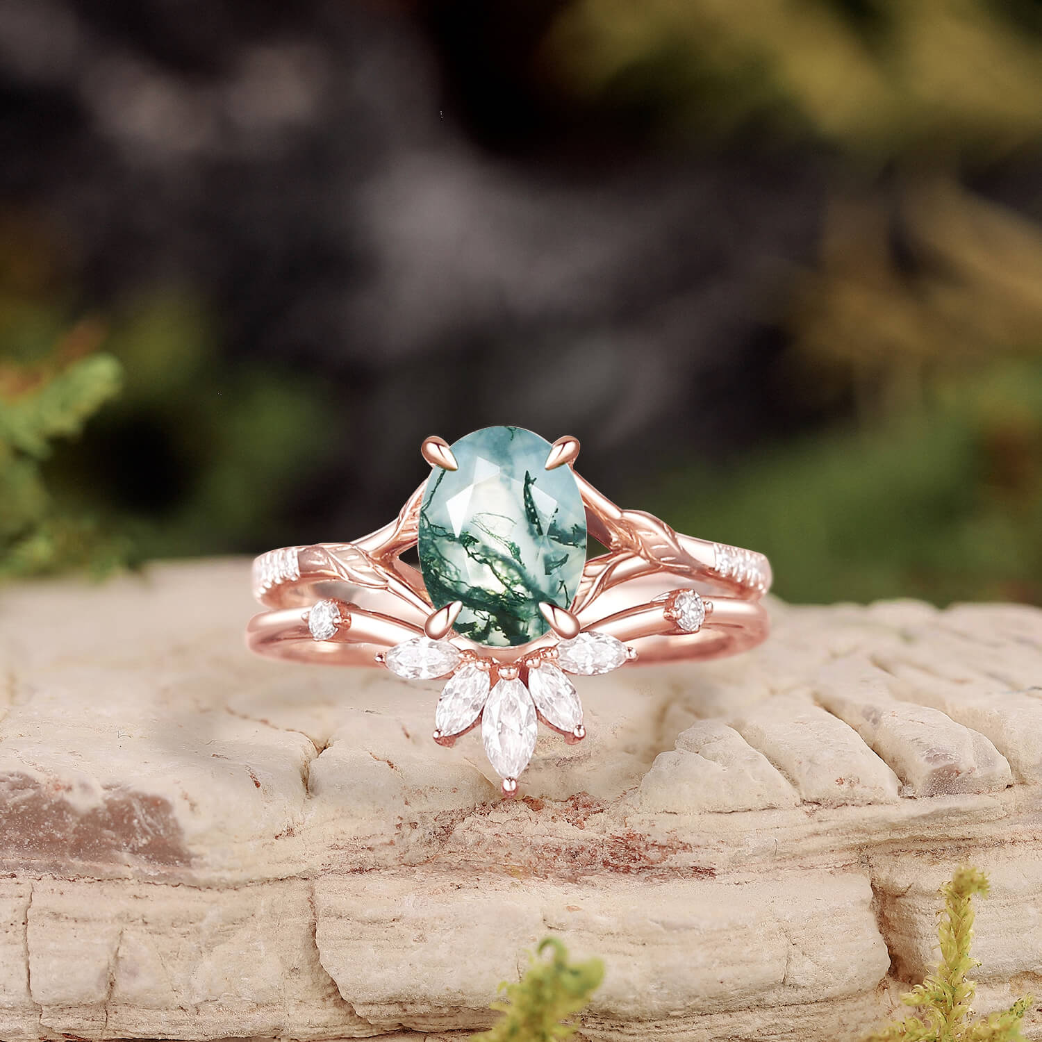 Oval Cut Moss Agate Leafy Cluster Bridal Set