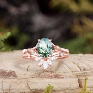 Oval Cut Moss Agate Leafy Cluster Bridal Set