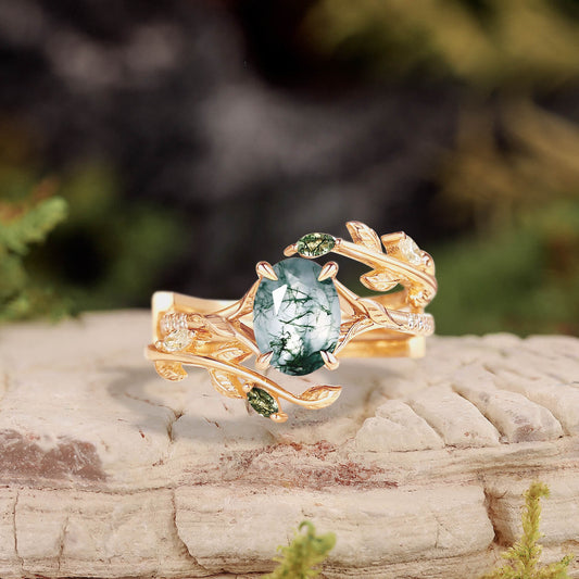 Moss Agate Leafy Split Band Engagement Ring Set 2pcs