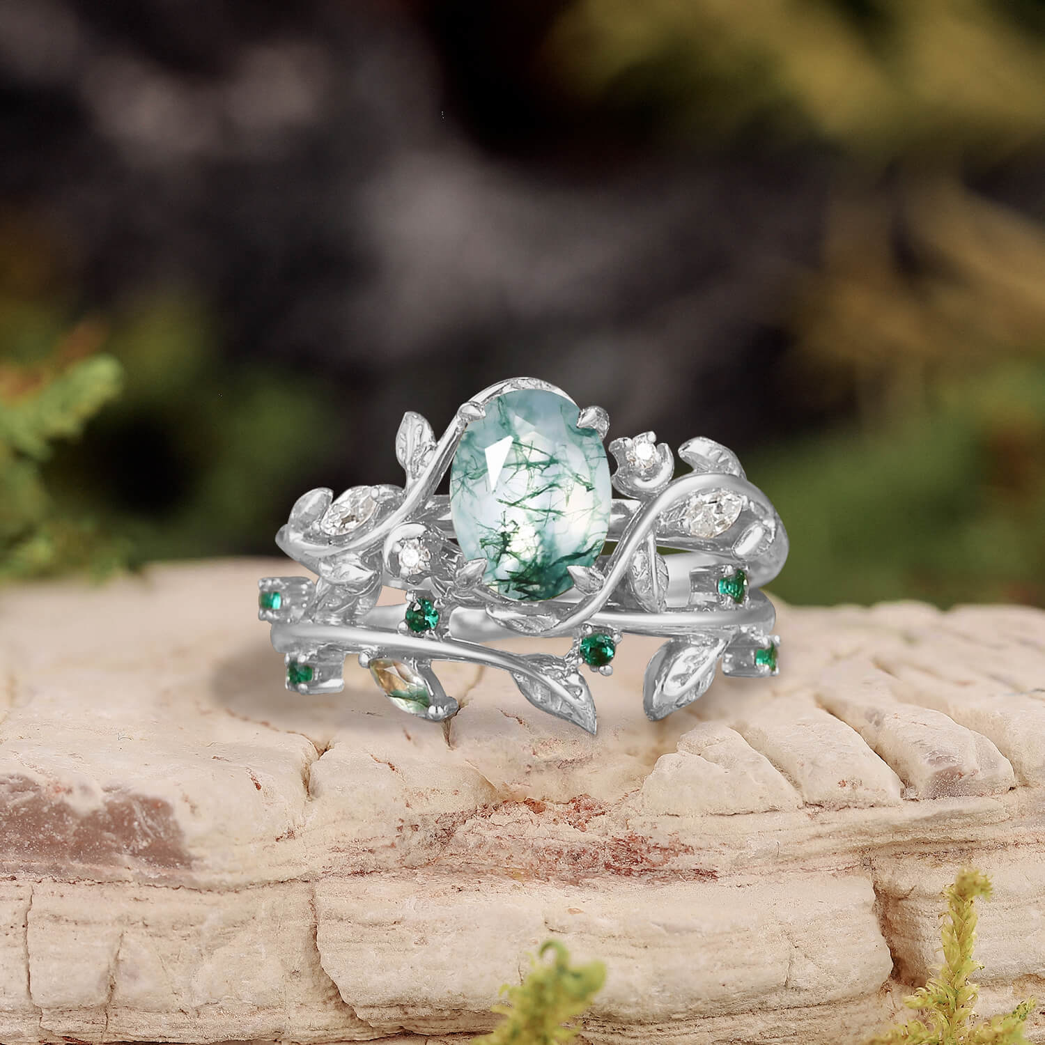 Oval Cut Moss Agate Branch Leafy Engagement Ring Set 2pcs