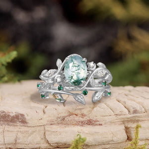Oval Cut Moss Agate Branch Leafy Engagement Ring Set 2pcs