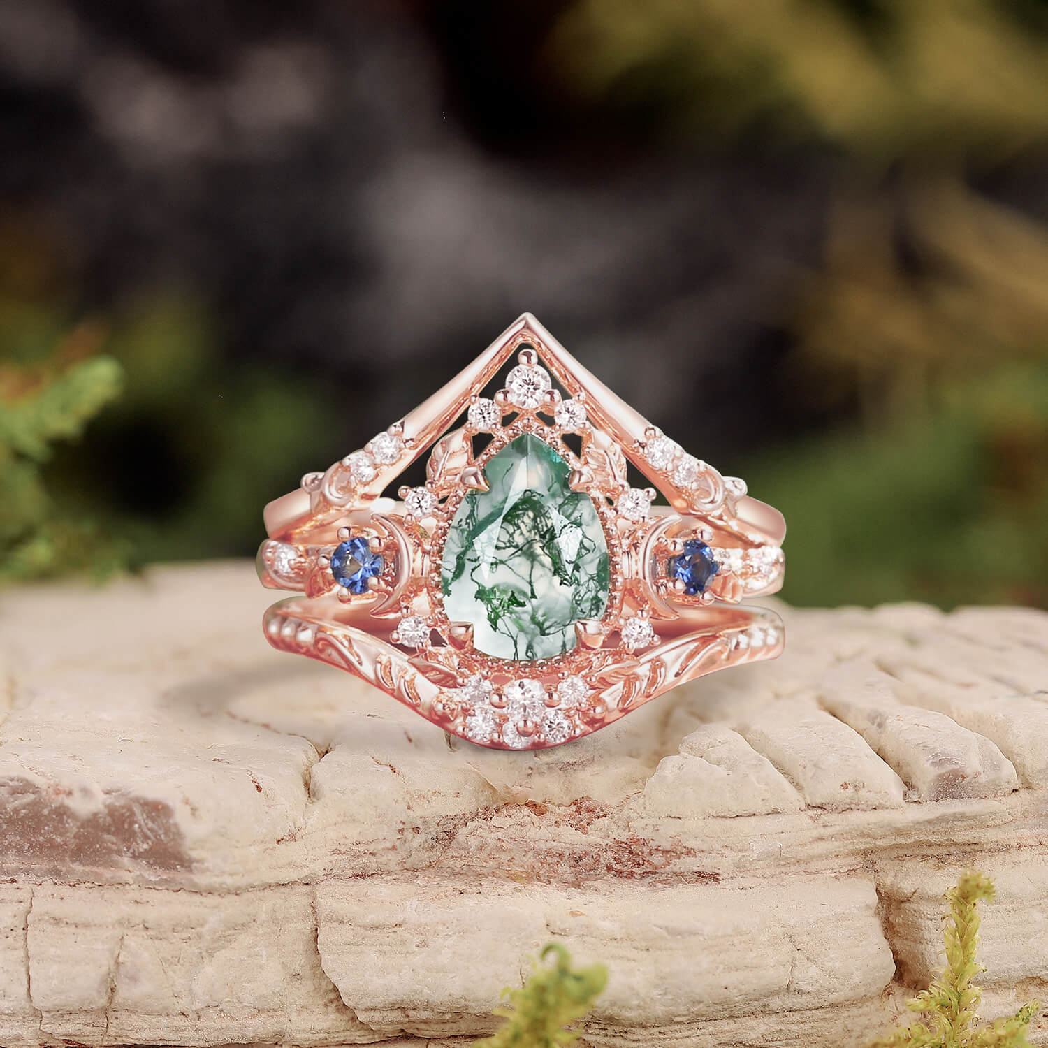 Unique Moonlight Moss Agate Pear Cut Vine Leaf Ring Bridal Sets 2pcs