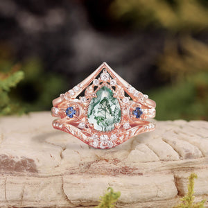 Unique Moonlight Moss Agate Pear Cut Vine Leaf Ring Bridal Sets 2pcs