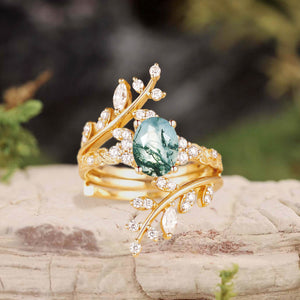 Oval Cut Moss Agate Cluster Leafy Engagement Ring Set