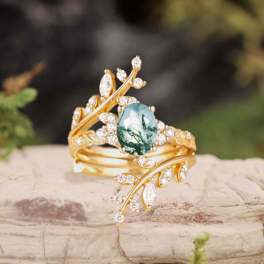 Oval Cut Moss Agate Cluster Leafy Engagement Ring Set