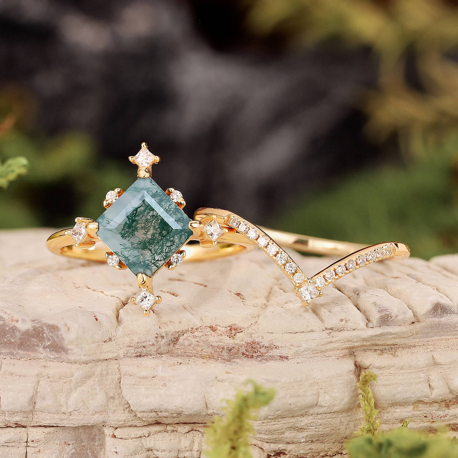 Nature Inspired Square Cut Moss Agate Promise Ring Set