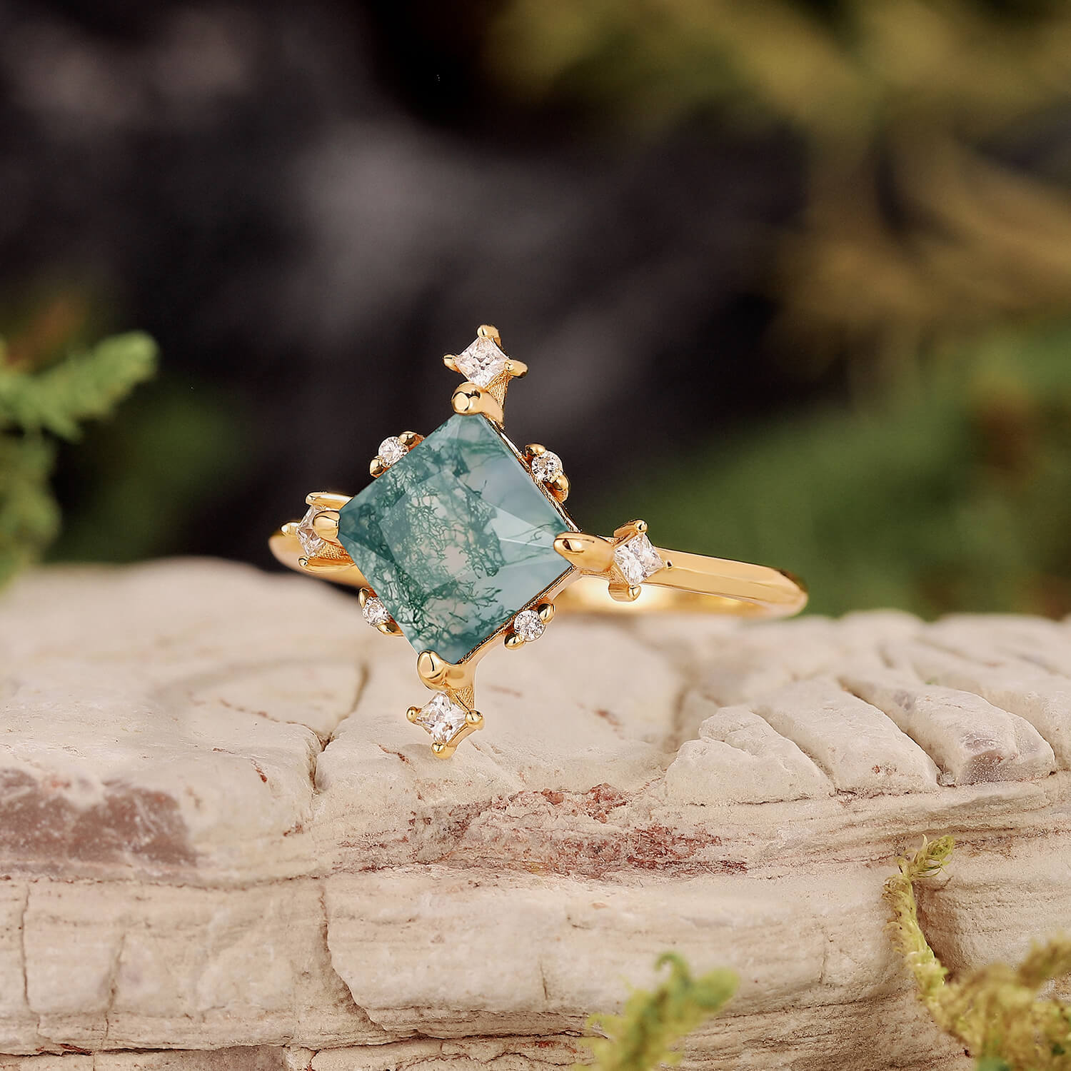 Nature Inspired Square Cut Moss Agate Promise Ring Set