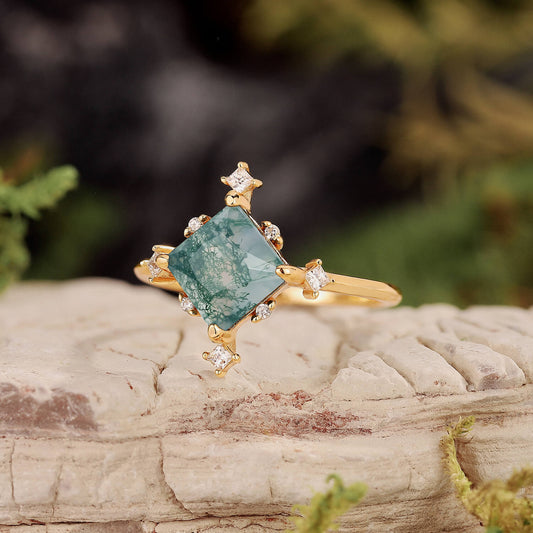 Nature Inspired Square Cut Moss Agate Promise Ring