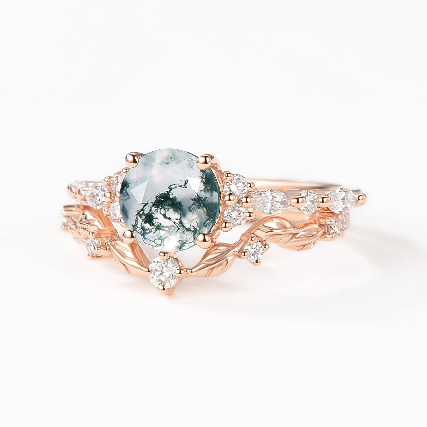 Round Shaped Leafy Moss Agate Engagement Ring Sets - Sarah