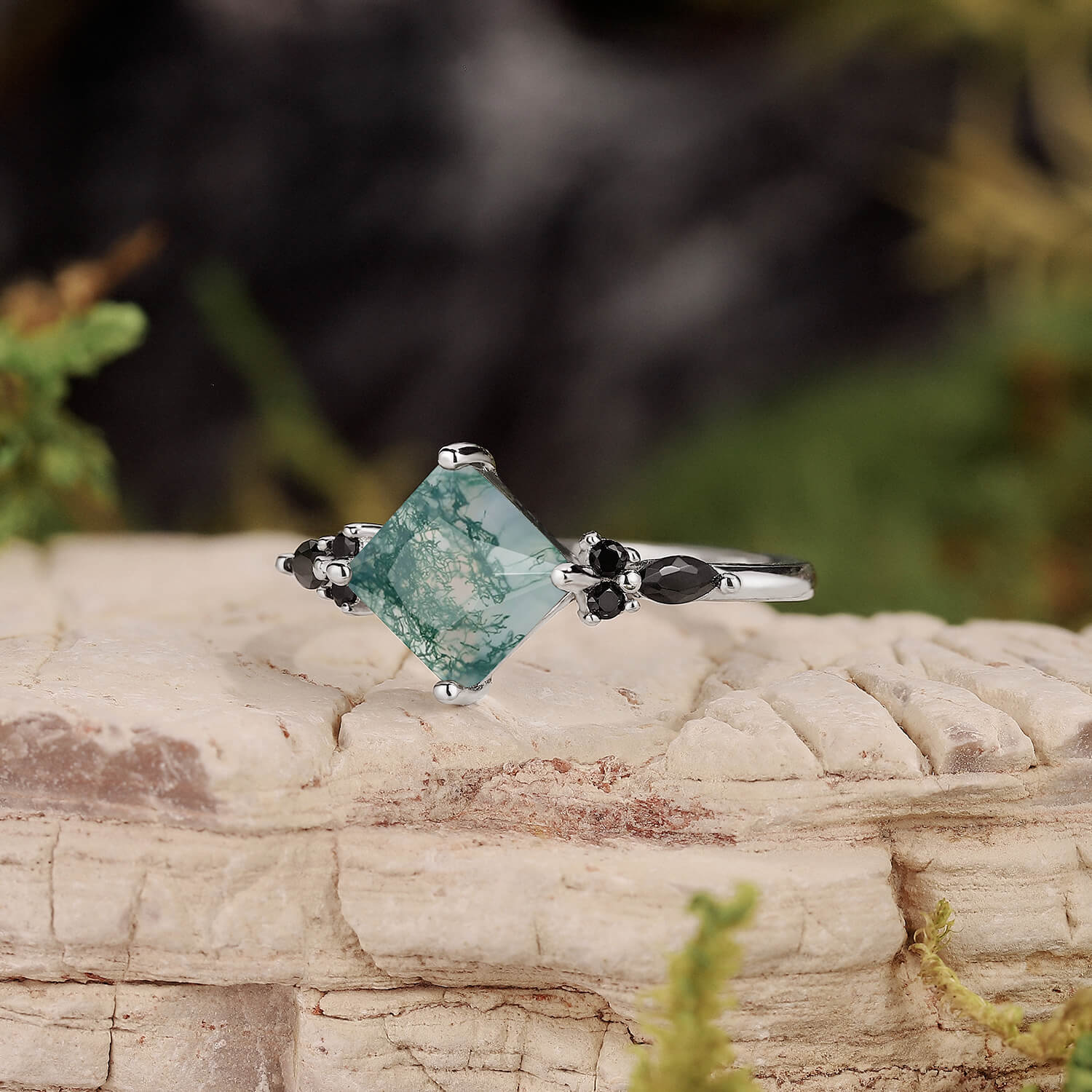 Nature Inspired Square Cut Moss Agate Leaf and Vine Promise Ring
