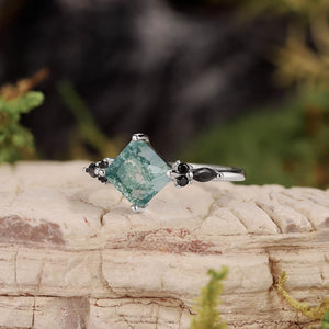 Nature Inspired Square Cut Moss Agate Leaf and Vine Promise Ring