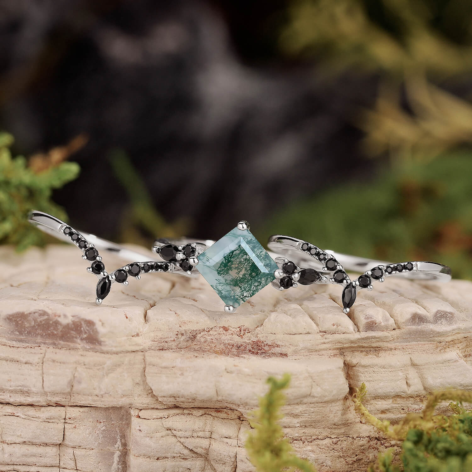 Nature Inspired Square Cut Moss Agate Leaf and Vine Promise Ring Set
