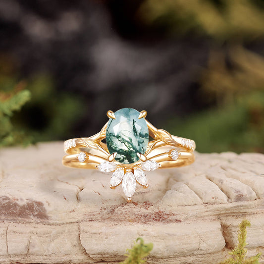 Oval Cut Moss Agate Leafy Cluster Bridal Set