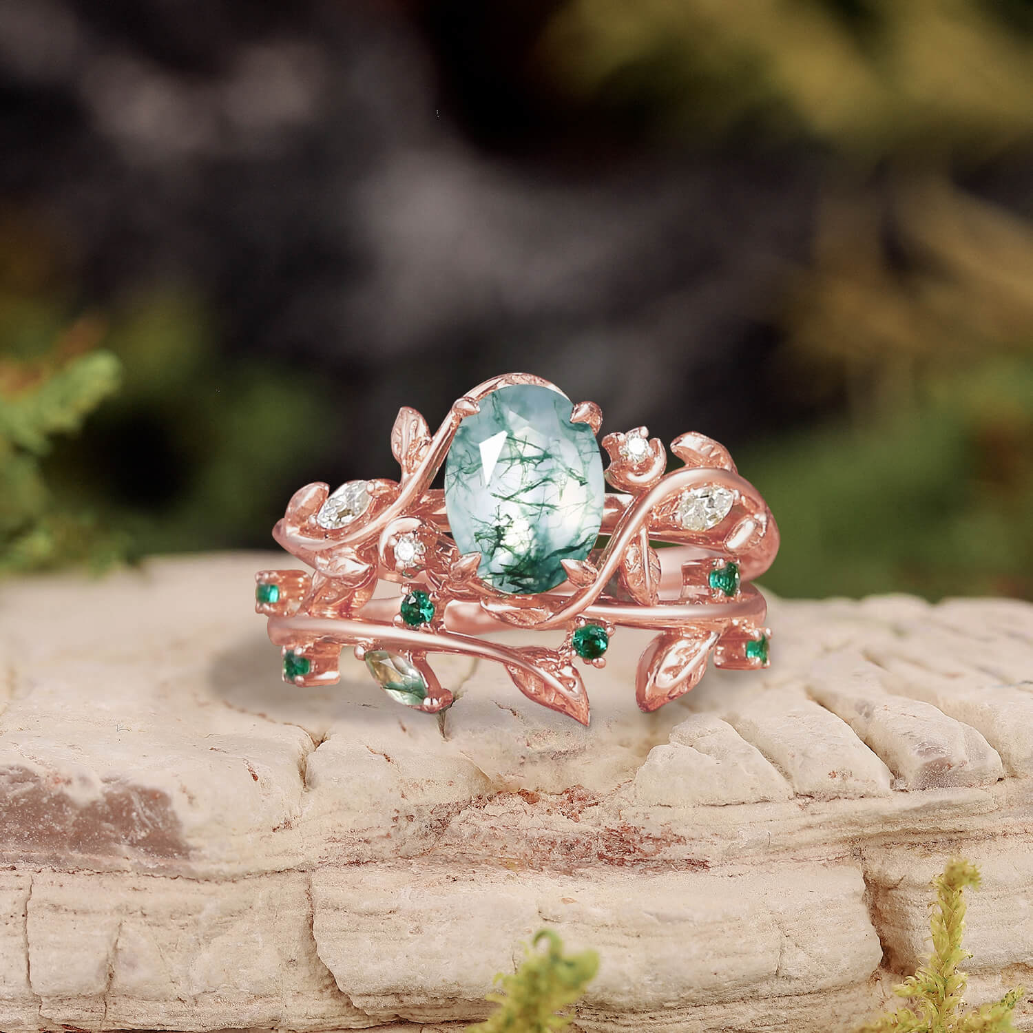 Oval Cut Moss Agate Branch Leafy Engagement Ring Set 2pcs