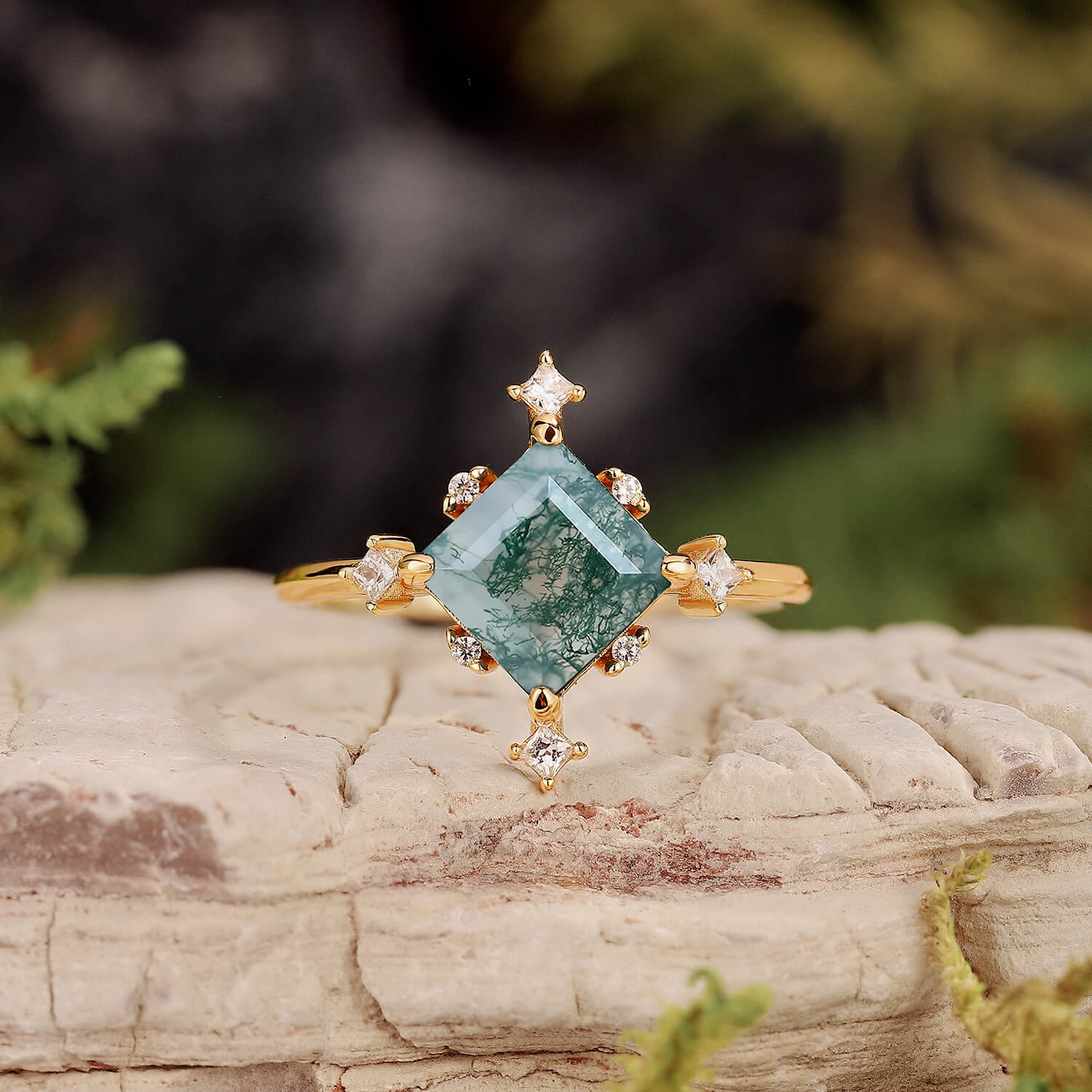 Nature Inspired Square Cut Moss Agate Promise Ring Set