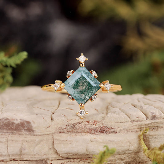 Nature Inspired Square Cut Moss Agate Promise Ring