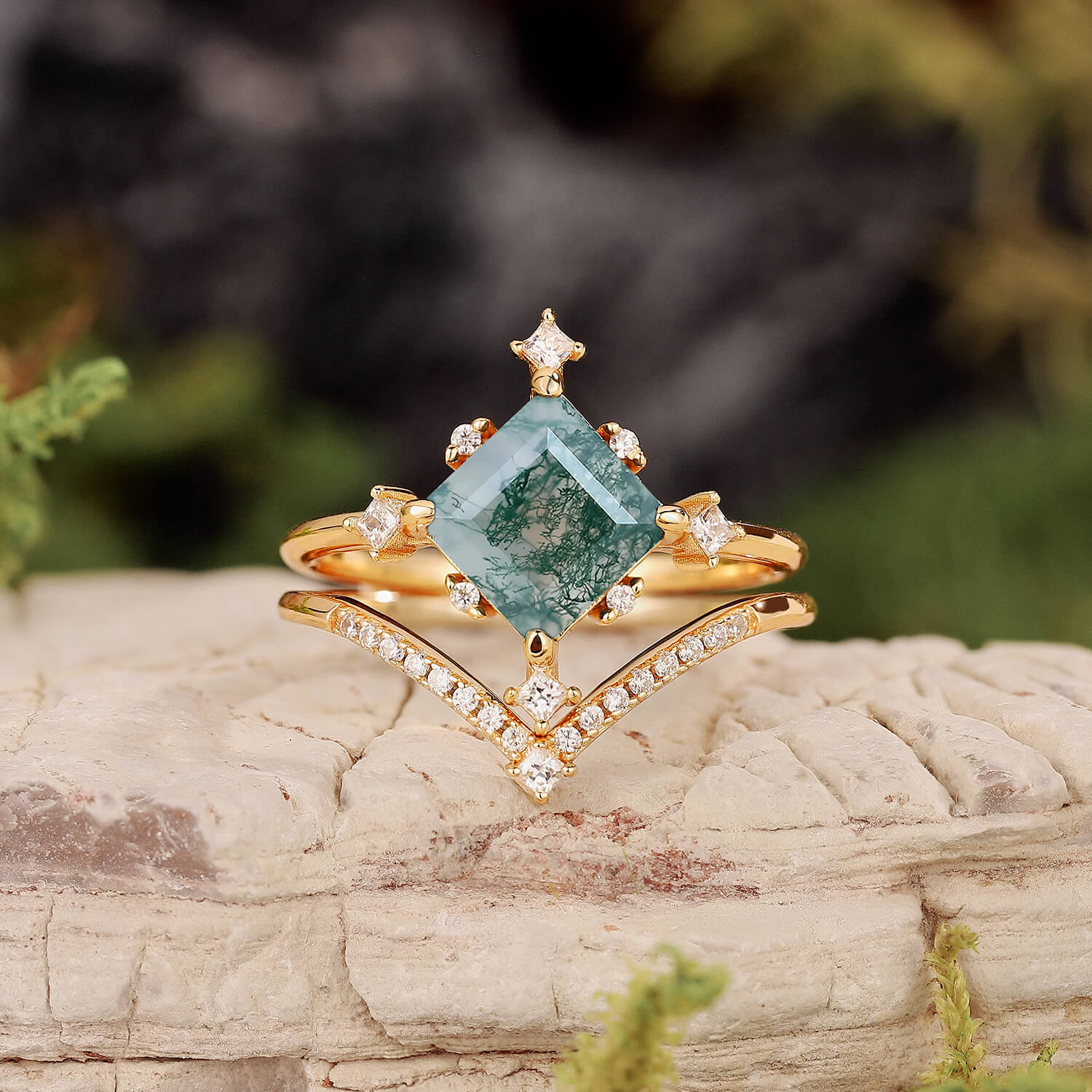 Nature Inspired Square Cut Moss Agate Promise Ring Set