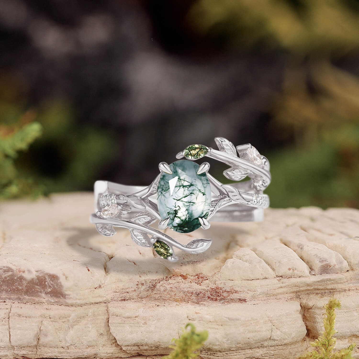 Moss Agate Leafy Split Band Engagement Ring Set 2pcs