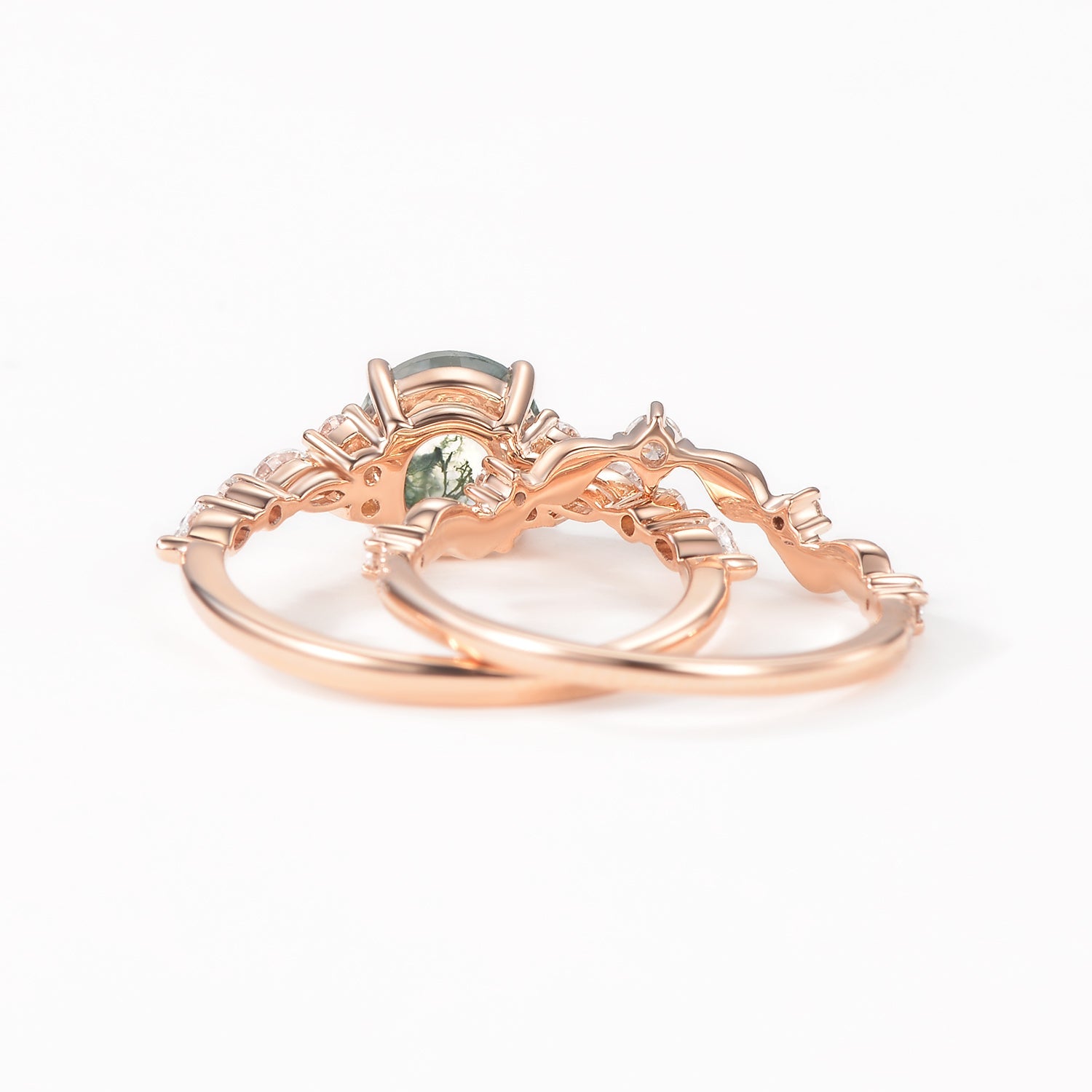 Round Shaped Leafy Moss Agate Engagement Ring Sets - Sarah