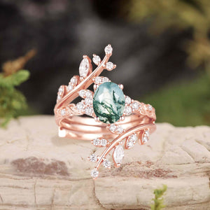 Oval Cut Moss Agate Cluster Leafy Engagement Ring Set