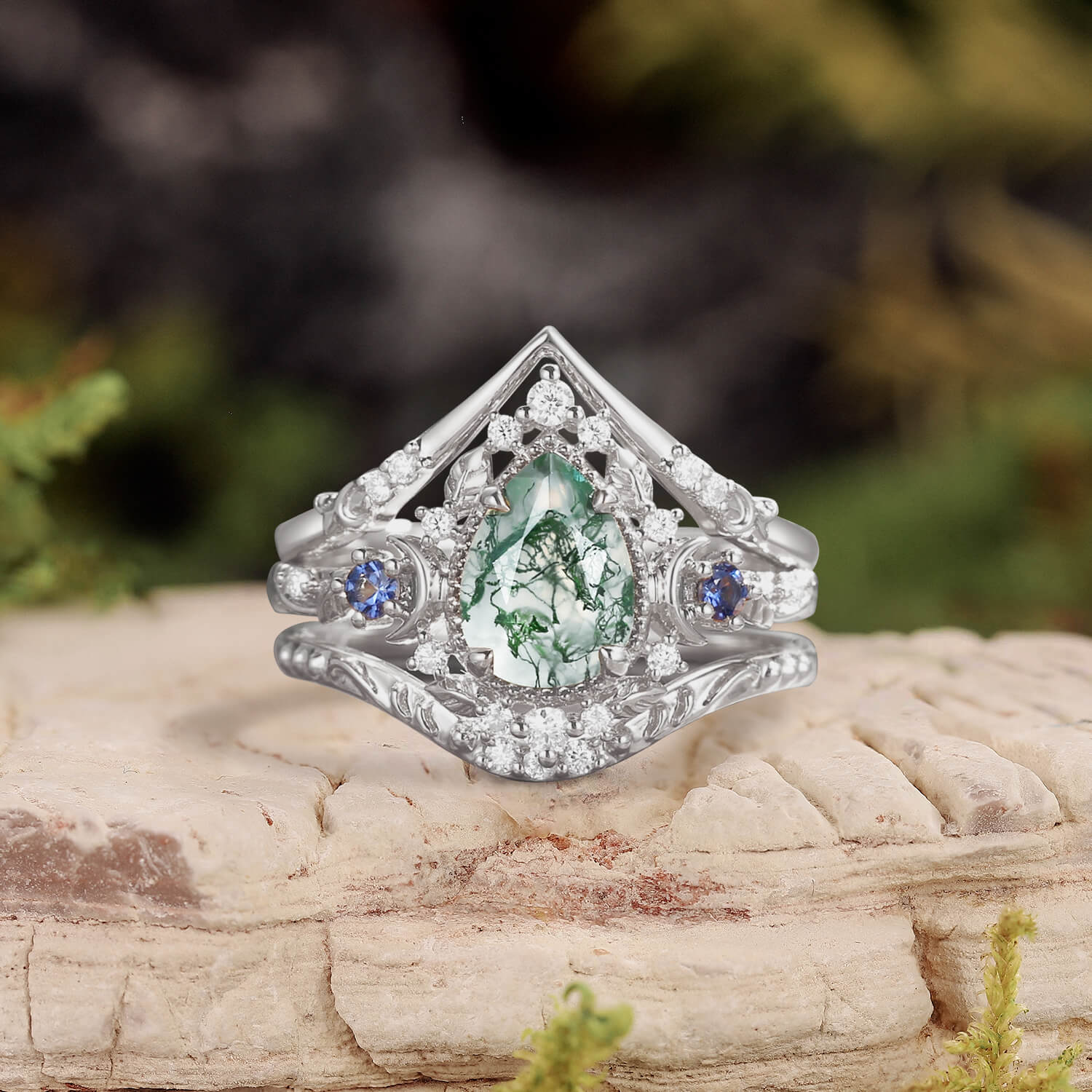 Unique Moonlight Moss Agate Pear Cut Vine Leaf Ring Bridal Sets 2pcs