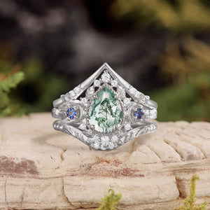 Unique Moonlight Moss Agate Pear Cut Vine Leaf Ring Bridal Sets 2pcs