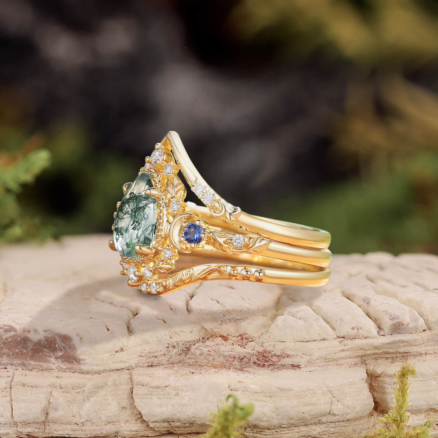 Unique Moonlight Moss Agate Pear Cut Vine Leaf Ring Bridal Sets 2pcs
