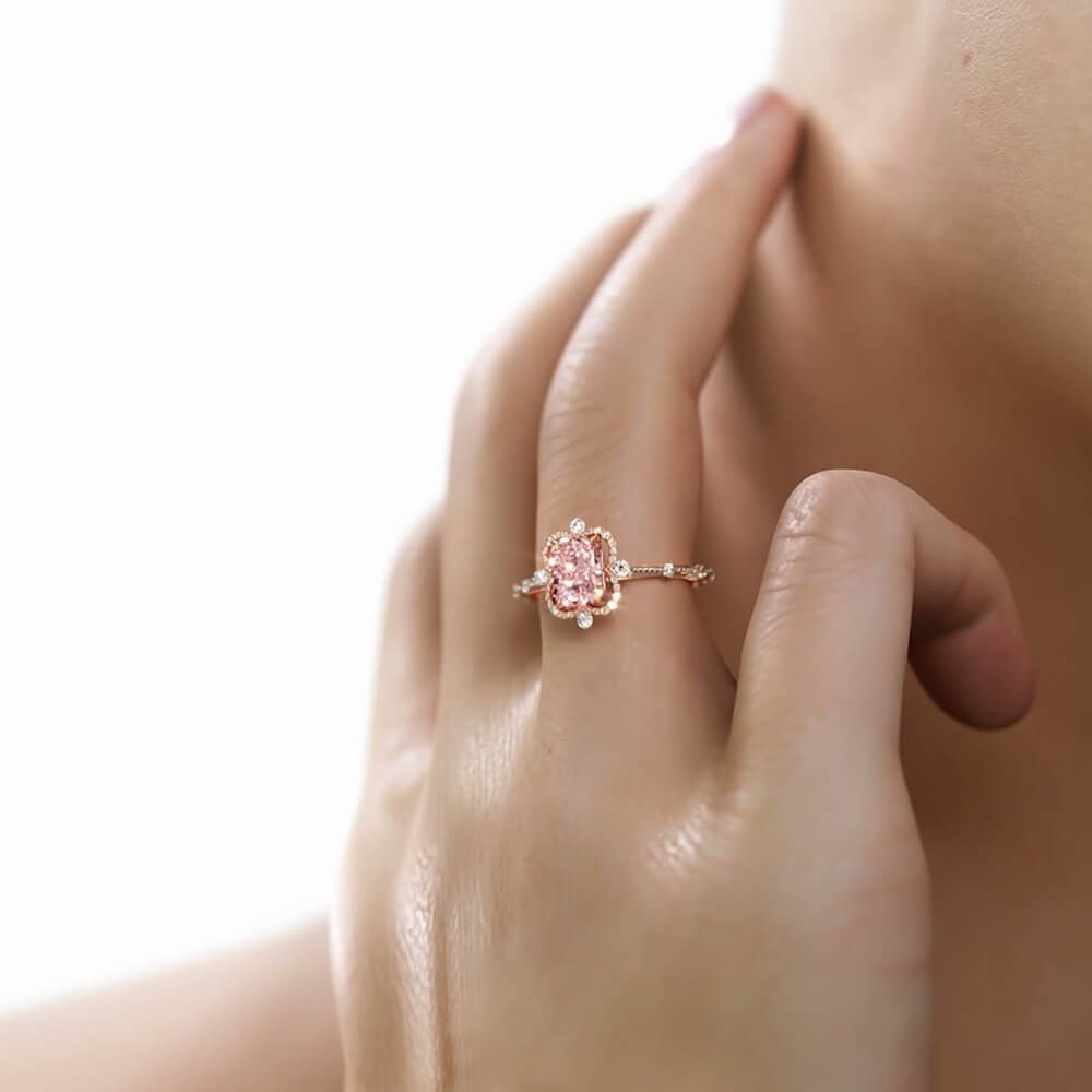 Floating Halo Design 2CT Radiant Cut Fancy Pink Gemstone Engagement Ring