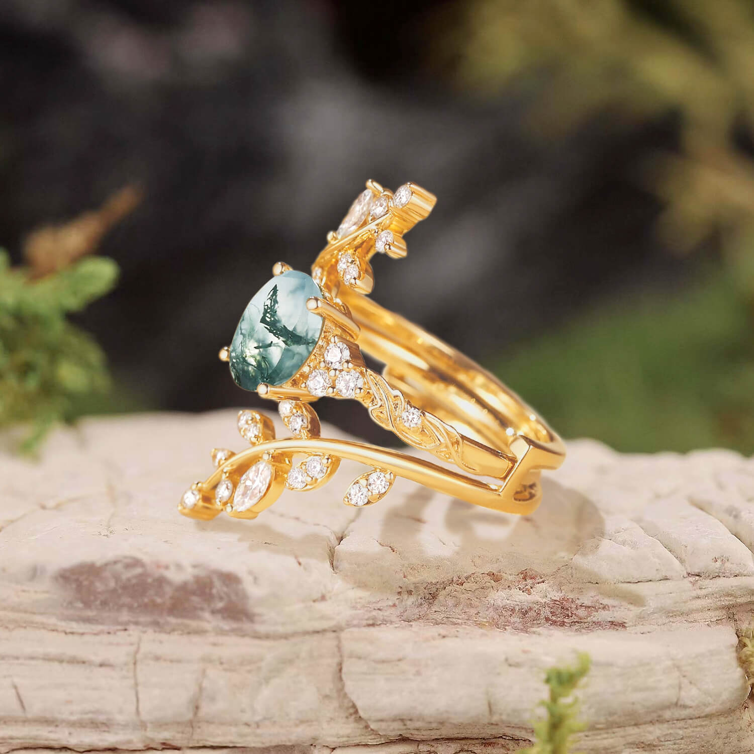 Oval Cut Moss Agate Cluster Leafy Engagement Ring Set