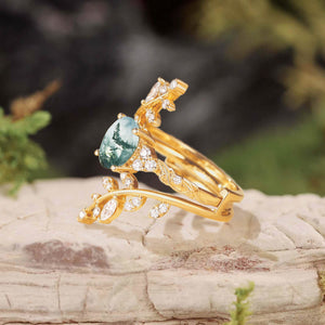 Oval Cut Moss Agate Cluster Leafy Engagement Ring Set